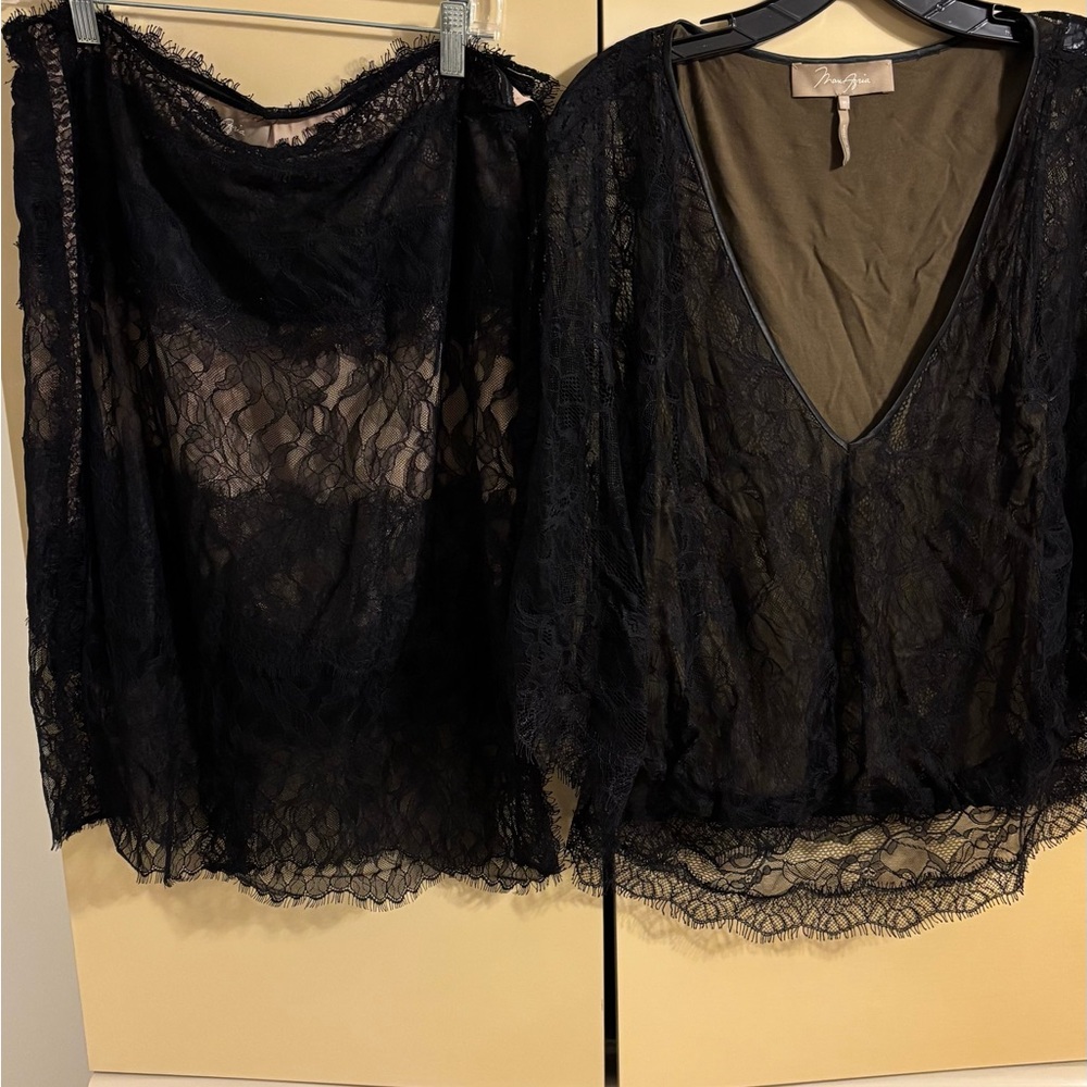 BCBGMaxAzria Sheer Black Lace top & matching skirt with beige lining.